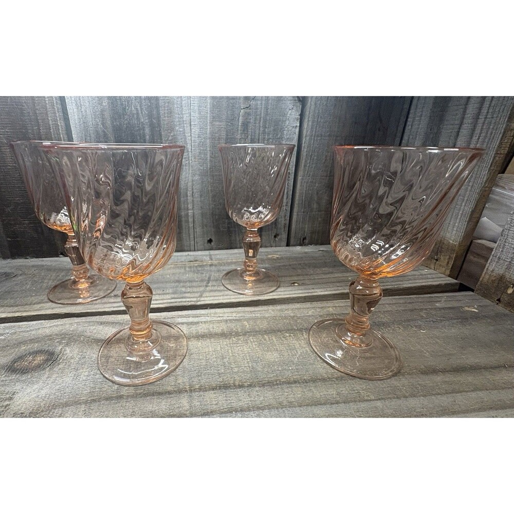 Set of 4 6 Inch vintage Arcoroc Luminarc Rosaline pink swirl wine glasses